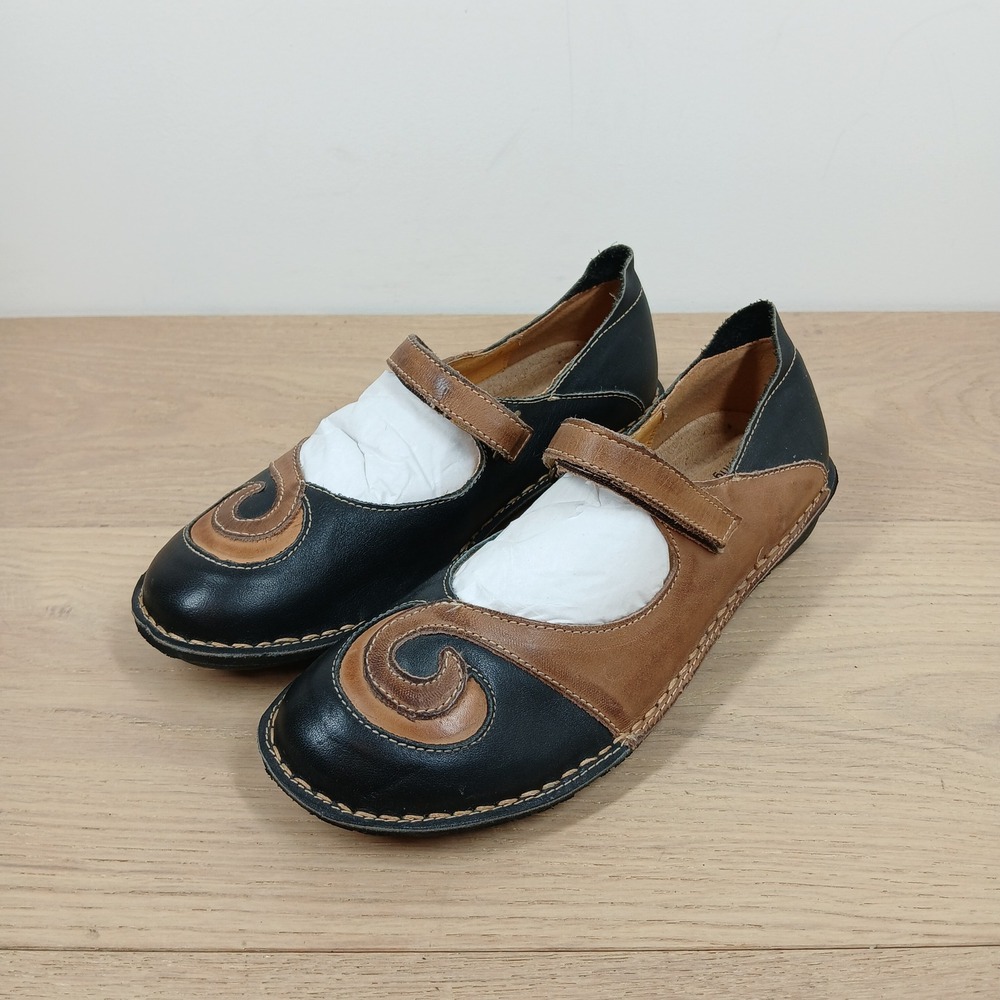 Spring Step  Mary Jane Womens 37 US 6.5 Flat Shoes Black Tan Leather Swirl Boho